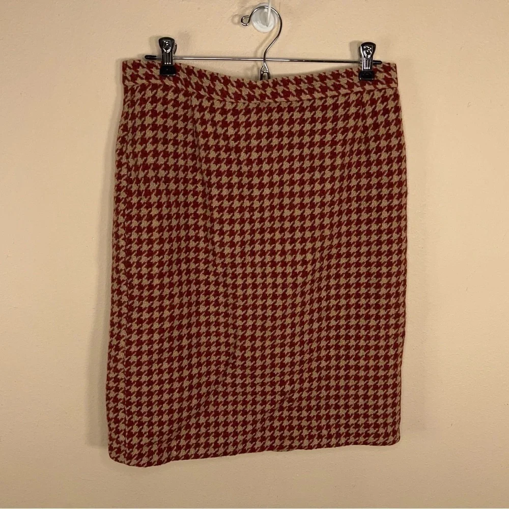 SIZE 10 VINTAGE A GIANNETTI WOOL SKIRT HOUNDSTOOTH BEIGE RED ACADEMIA